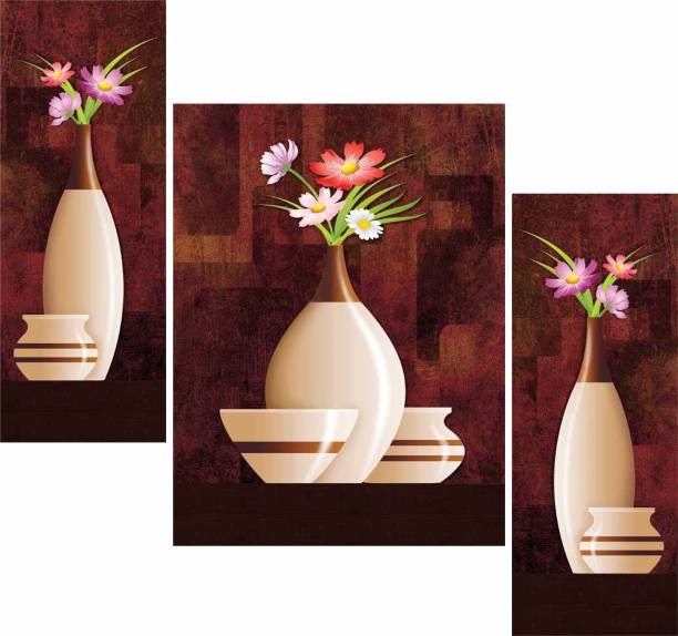 WALLMAX Set of 3 Flower Pot Painting Home Decorative Gift Item Digital Reprint 12 inch x 18 inch Painting
