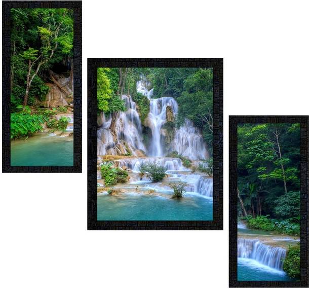 Poster N Frames Set of 3 with Acrylic Sheet (Glass) Vastu Waterfall Landscape Scenery -1705 Digital Reprint 13.5 inch x 10.5 inch Painting