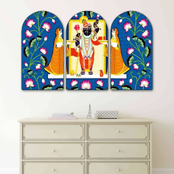 saf Shrinathji Pichwai Arch Shape Set of 3 MDF Framed Painting for Home & Temple Digital Reprint 20 inch x 30 inch Painting