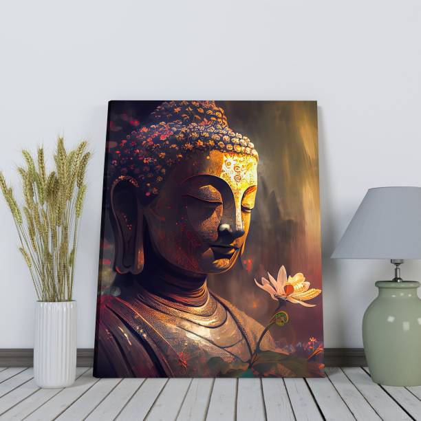 Painting Mantra Stretched Canvas Painting Lord Budhha with Flower Wall Hanging For Home Decor Canvas 22 inch x 16 inch Painting