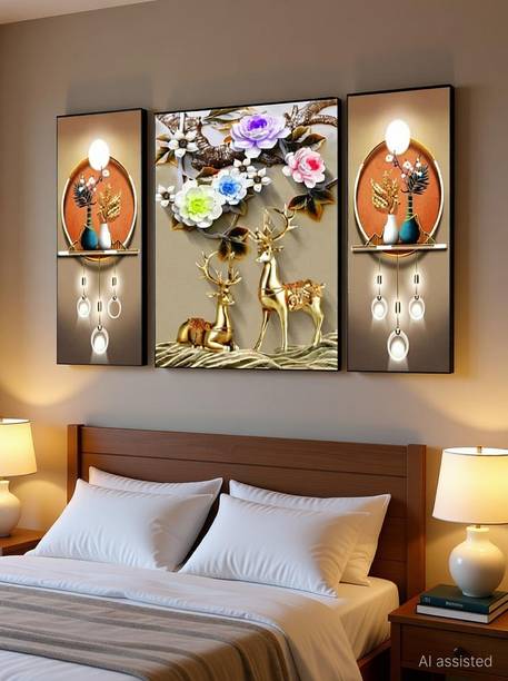 SNDArt Set Of 3 Modern Art Deer Paintings For Wall Digital Reprint 12 inch x 18 inch Painting