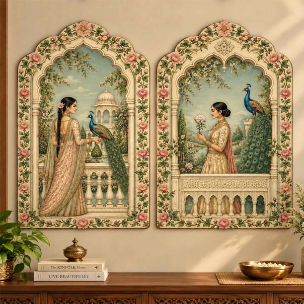 saf SAF Mughal Women & Peacock Palace Garden MDF Wall Painting – Set of 2 Digital Reprint 12 inch x 9 inch Painting