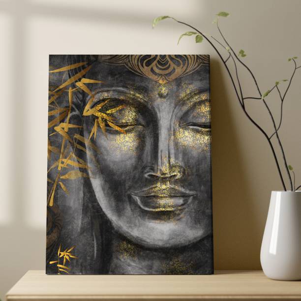 Painting Mantra Stretched Canvas Painting Lord Budhha Black and Gold Wall Hanging For Home Decor Canvas 22 inch x 16 inch Painting