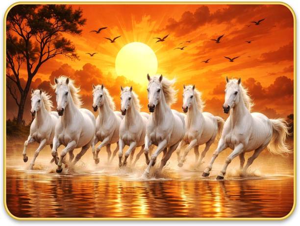 ArtMantra MG-106 Vastu 7 Horses Wall Living | Bedroom | Office Room | Hotel Digital Reprint 18 inch x 12 inch Painting