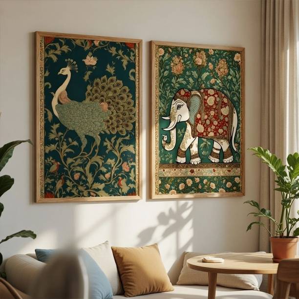 saf Peacock & Elephant Premium wooden color framed Digital Reprint 19.5 inch x 13.5 inch Painting