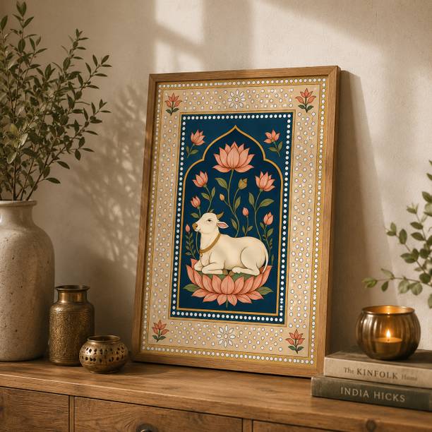 Masstone Sacred Cow Lotus Floral Folk Art Wall Painting Indian Home Decor Digital Reprint 19.5 inch x 13.5 inch Painting