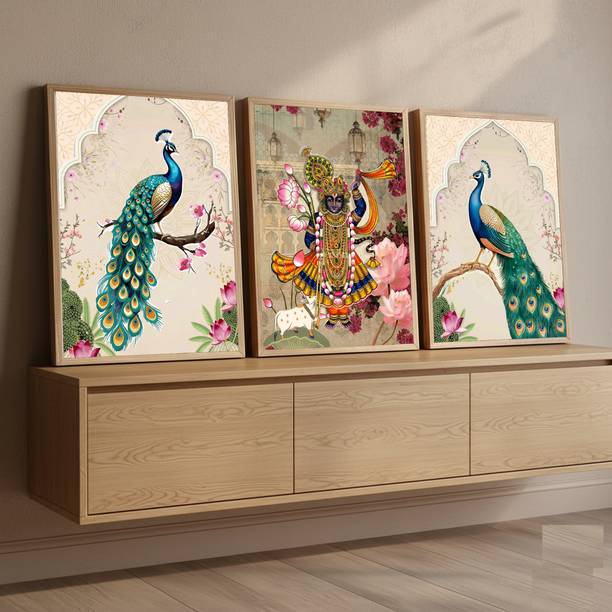 Decor Villa Shrinathji & Majestic Peacock Pichwai Wall Art | Paintings Frame Digital Reprint 13 inch x 10 inch Painting