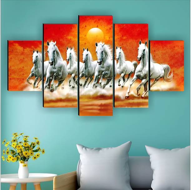 SNDArt (5P-9695) Vastu 7 lucky Running White Horses 5 Panal MDF wall Painting Digital Reprint 18 inch x 30 inch Painting