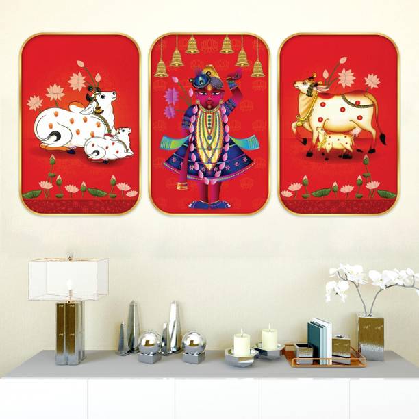 Indianara Set of 3 Pichwai Framed Art Painting without glass Digital Reprint 18 inch x 12 inch Painting