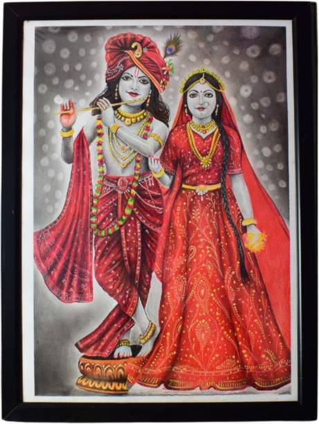 Lumowood Handmade Radha Krishna Pencil Color Drawing | Framed Wall Art | 45 x 33.5 cm 3D Painting 18 inch x 14 inch Painting