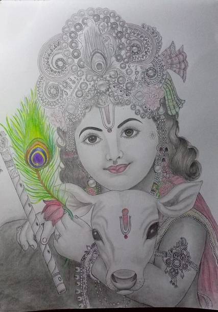 Akaar AKAAR Krishna Sketch, Krishna ji with calf Sketch, Pencil Sketch(Orignal) Pencil 9 inch x 12 inch Painting