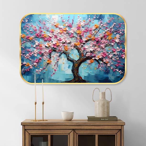 saf Floral theme Crystal Embedded High Gloss Surface with Golden Frame Digital Reprint 18 inch x 12 inch Painting