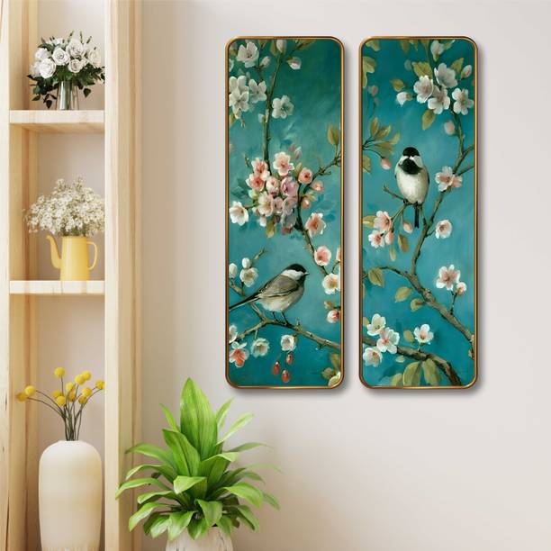 Flipkart Perfect Homes Bird & Blossom Wall Panel Set of 2 | Sparkle Lamination MDF Wall Décor Digital Reprint 18 inch x 12 inch Painting
