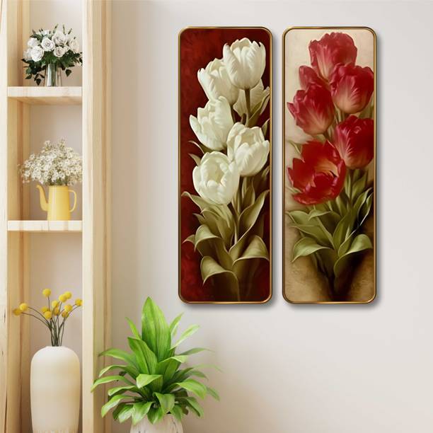 saf Red & White Tulip Wall Panel Set of 2 | Sparkle Lamination MDF Décor Digital Reprint 18 inch x 12 inch Painting