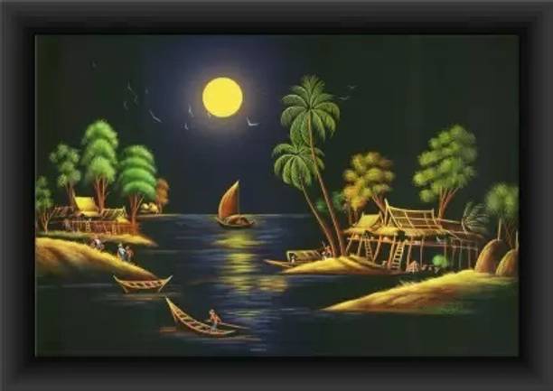 AARTKALA Full Moon Village Scenery Wall Painting/ Drawing Framed Wall Painting Digital Reprint 14 inch x 10 inch Painting