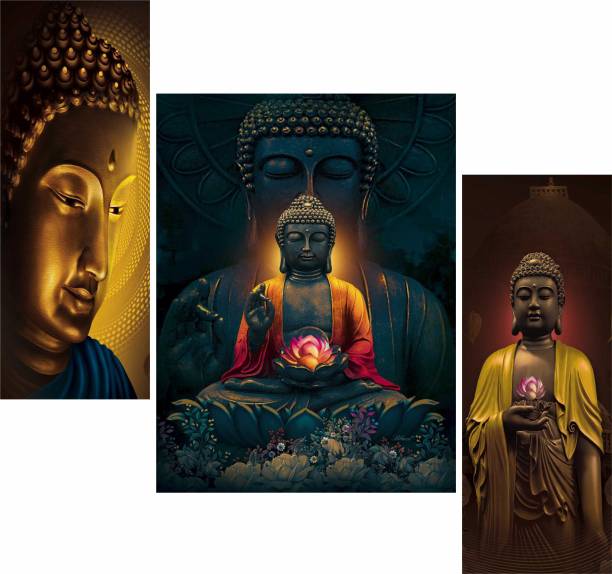 WALLMAX Set of 3 Buddha Painting UV Textured Digital Reprint 12 inch x 18 inch Painting