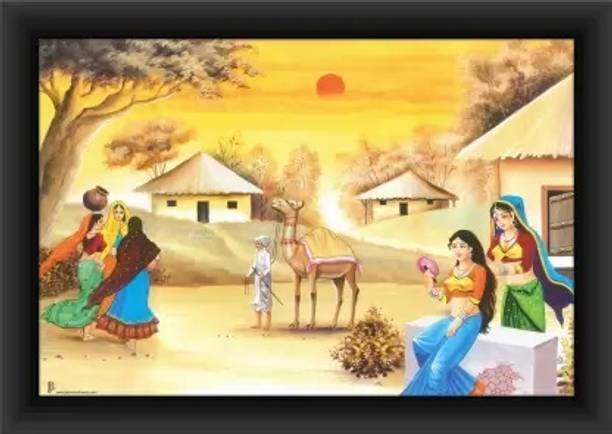 आर्टकला Rajasthani Village Painting, Scenery Framed Art डिजिटल रीप्रिंट 14 inch x 10 inch पेंटिंग