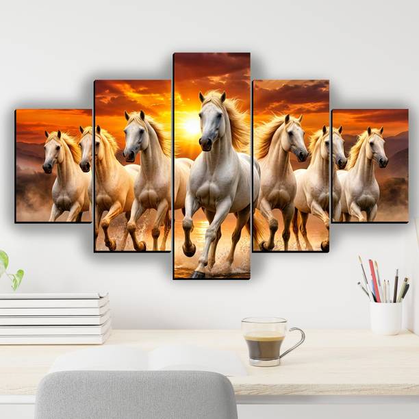 XIDLZ Vastu Seven Running Horses Home decor scenery painting canvas for wall Digital Reprint 18 inch x 30 inch Painting