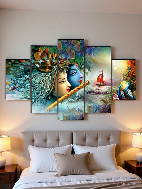 SNDArt Radha krishna Paintings for Wall Decoration - Set Of Five, 3d Scenery