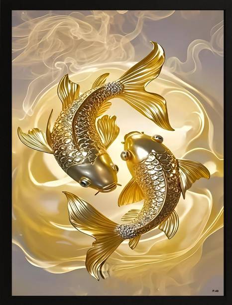ASHIT Lucky Vastu Golden 2 Fish Photo Frame Wall Art for Home|Office|Living Room (A4) Acrylic 14 inch x 10 inch Painting