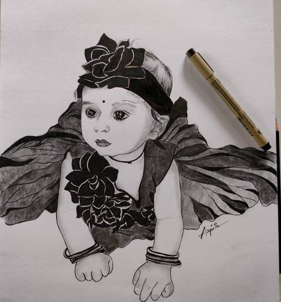 Vrinda Art Handmade Customised Charcoal potrait from your photo ( 1 face ) with frame , A3 Pencil 16.5 inch x 11.7 inch Painting