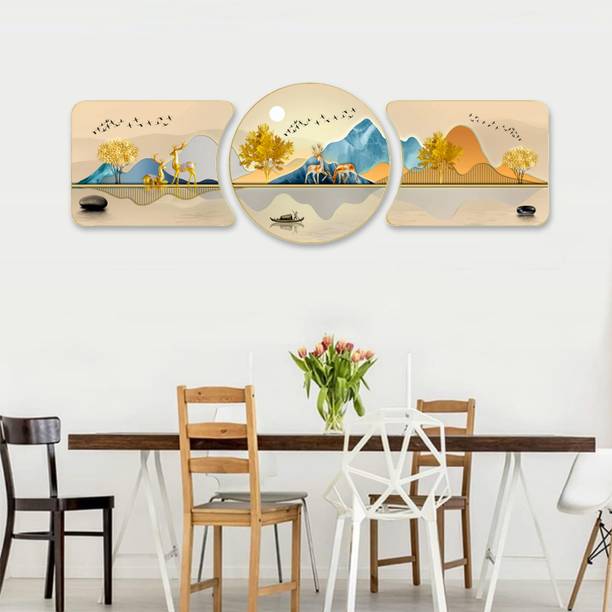 मस्तोने Reindeer Scenery Crystal Embedded High Gloss Surface Golden Slim Frame ग्लास प्रिंट 16 inch x 45 inch पेंटिंग