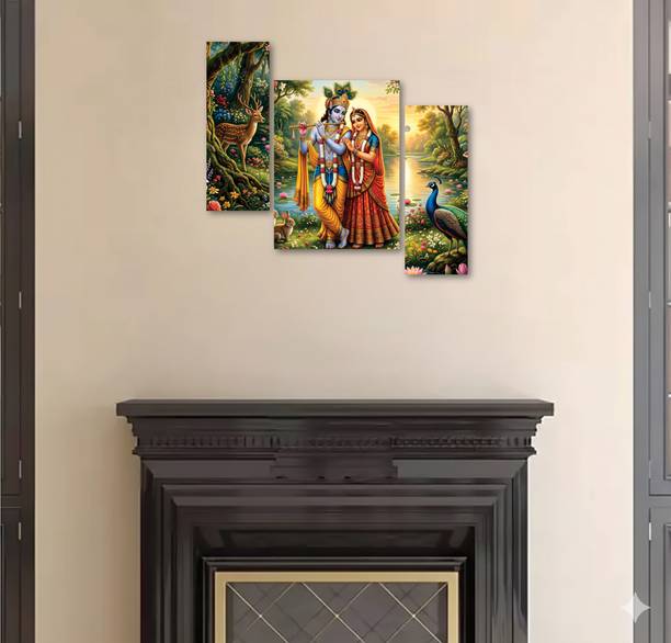 Inkedify Radha Krishna 3 Panel Wall Painting Digital Reprint 12 inch x 18 inch Painting