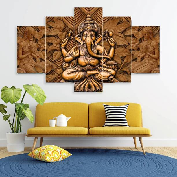 Masstone Lord Ganesha painting for home decor | Frames for wall decor | 5 Panel MDF Digital Reprint 17 inch x 30 inch Painting