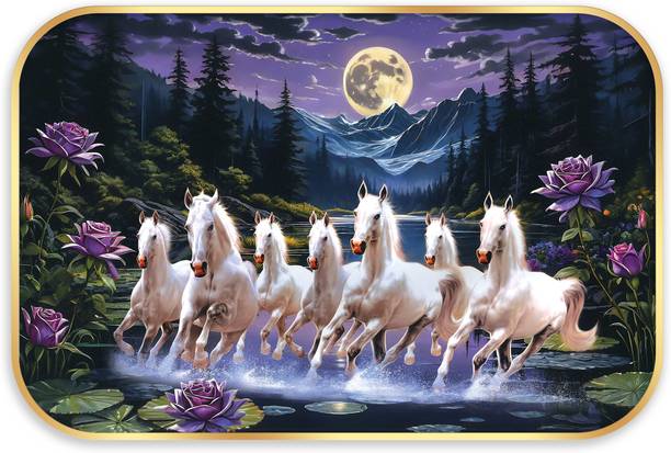 Indianara Vastu Lucky Seven Running Horses for Living | Bedroom | Pooja Room | Hotel Digital Reprint 12 inch x 18 inch Painting