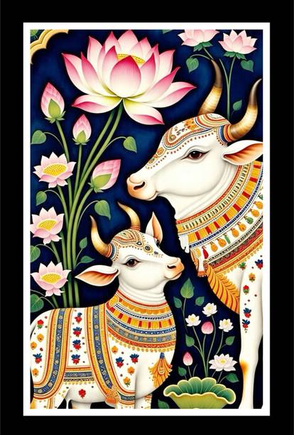AARTKALA Kamdhenu Cow Calf Pichwai Painting with Lotus Flowers Wall Art Panting Frame A4 Canvas 12 inch x 8 inch Painting