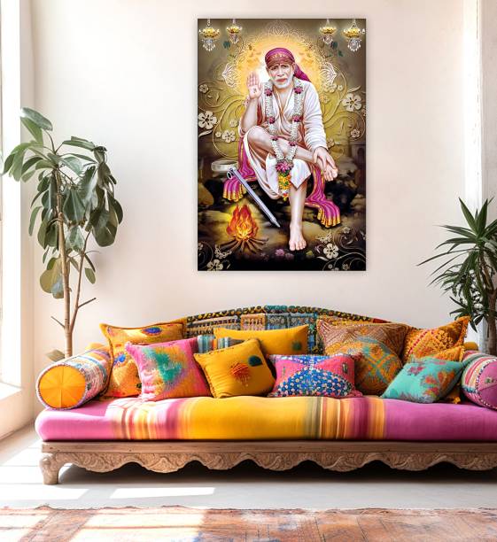 Indianara Rolled Sparkled Sai Baba Art Print for Room Decor Digital Reprint 36 inch x 24 inch Painting