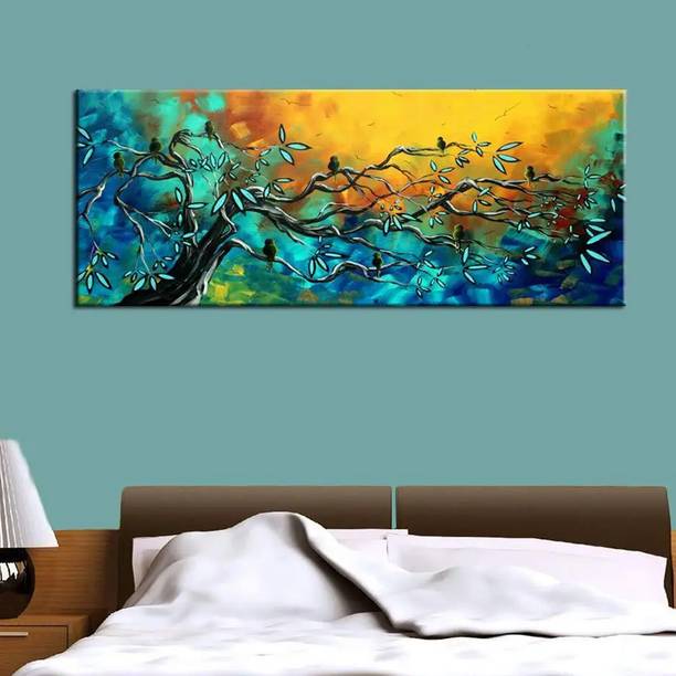 डेकोर्स्टेशन Beautiful Birds On Tree Scenery Canvas Wall Painting with Frame कैनवास 48 inch x 24 inch पेंटिंग