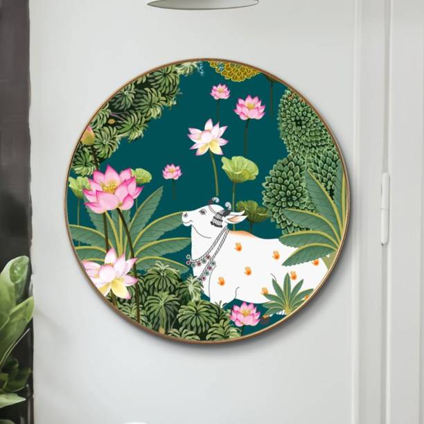saf Large Round Pichwai Cow Wall Painting with golden frame Vinyl Sparkle laminated Digital Reprint 20 inch x 20 inch Painting
