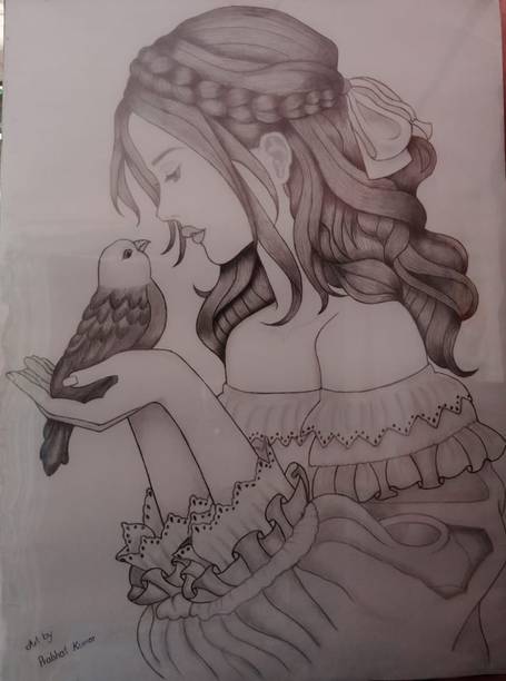 Akaar AKAAR Beautiful girl sketch, Girl holding a bird sketch, Pencil Sketch(Original) Pencil 12 inch x 9 inch Painting