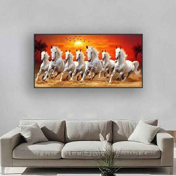 WALLCRY Seven Running horses VASTU Canvas Painting Floating frame Canvas 24 inch x 48 inch Painting
