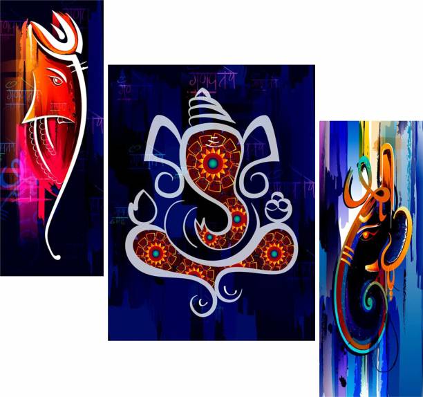 WALLMAX Ganesh Ji Painting Set of 3 Home Decorative Gift Item Digital Reprint 12 inch x 18 inch Painting