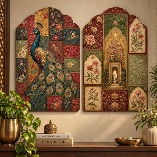 saf SAF Royal Peacock & Mughal Floral Garden MDF Wall Painting – Set of 2 Digital Reprint 12 inch x 9 inch Painting