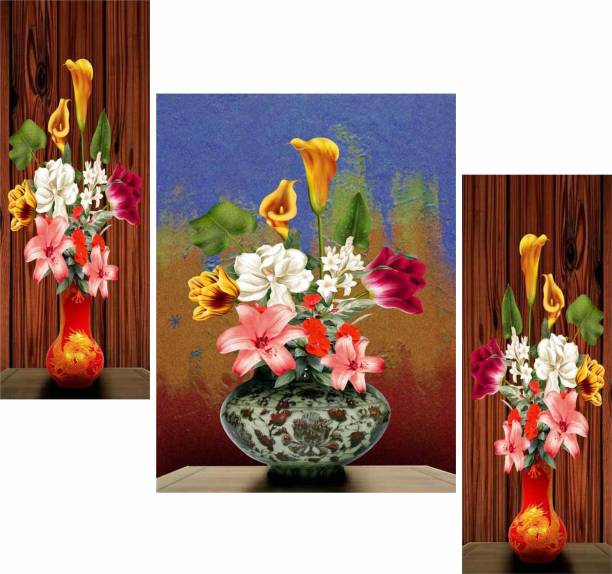 WALLMAX Set of 3 Flower Pot UV Coated Multi Effect Digital Reprint 12 inch x 18 inch Painting
