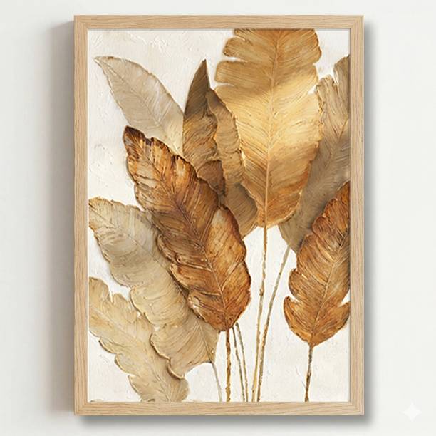 Qlixora Golden Leaf Wall Art Painting Wall Frames For Home Decor Office Living Room Digital Reprint 13 inch x 10 inch Painting