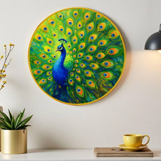 Painting Mantra Peacock Round Wall Art Painting with Frame, Vastu Decor for Living Room Digital Reprint 11 inch x 11 inch Painting