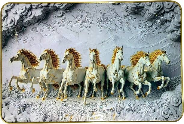 LujoLove 7 Running Horses 3D Crystal Embedded Photo Frame 3D Painting 12.5 inch x 18.5 inch Painting