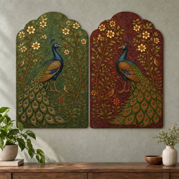 saf SAF Royal Peacock Botanical Floral MDF Wall Painting – Set of 2 Digital Reprint 12 inch x 9 inch Painting