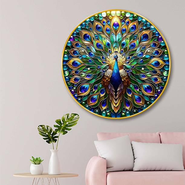 saf Vibrant Multicolor Peacock 3D Round Wall Art for Home & Office Decor Digital Reprint 23 inch x 23 inch Painting
