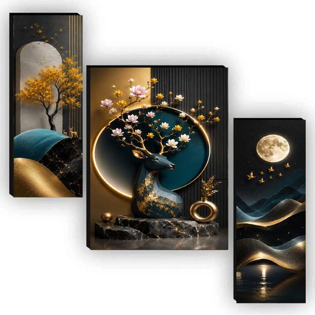 SNDArt Set Of 3 Modern Art Deer Wall Paintings For Living Room Gift Items Digital Reprint 12 inch x 18 inch Painting