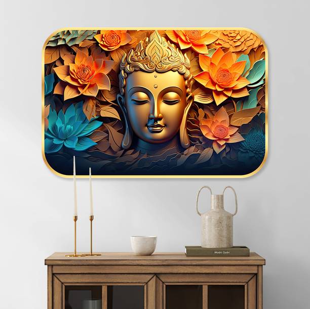 Aartify Lord Buddha Crystal Embedded High Gloss Surface with Golden Frame Digital Reprint 18 inch x 12 inch Painting