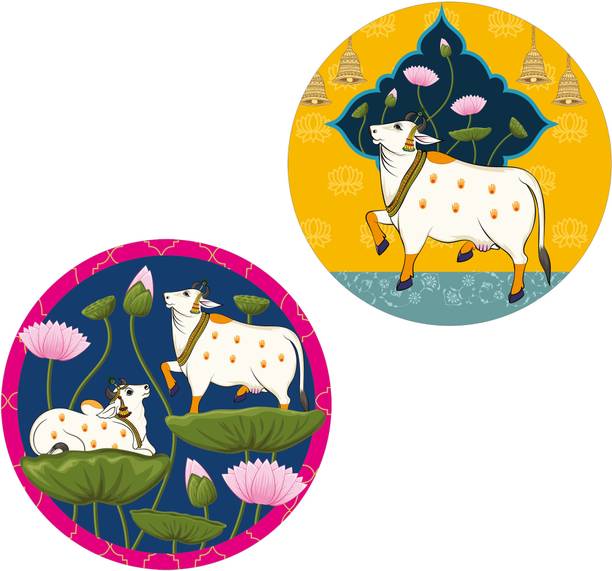 Indianara Set of 2 Pichwai Round Shape Wall Painting for living room/Home/Bedroom/Office Digital Reprint 12 inch x 12 inch Painting