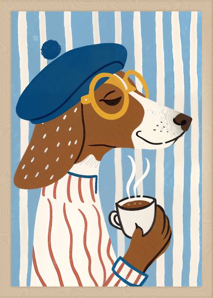 REHZART Cute Dog Coffee A4 Framed Poster Wall Painting Decor (Light Brown) Digital Reprint 13 inch x 10 inch Painting