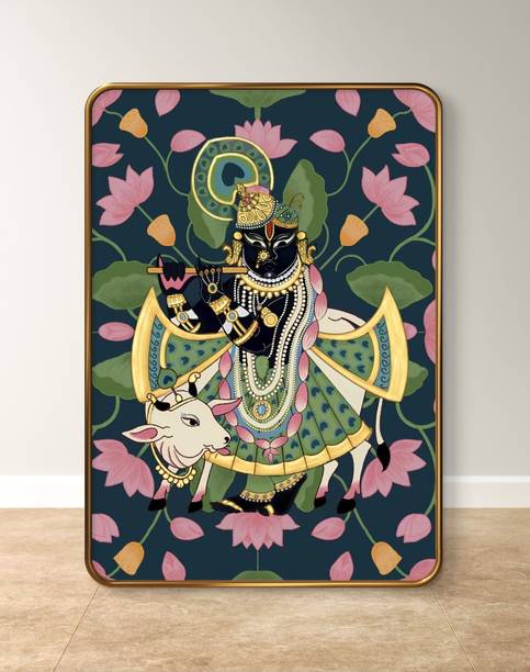 saf Shrinath ji Pichwai Sparkle Lamination Finished Surface Golden Slim Frame Digital Reprint 19.5 inch x 13.5 inch Painting
