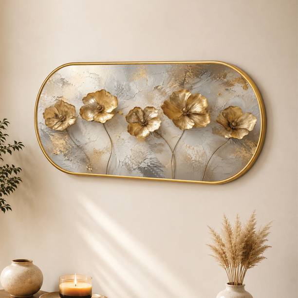 Painting Mantra 3D Gold Flowers Wall Art Painting, Floral Wall Decor Digital Reprint 22 inch x 12 inch Painting