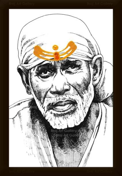 Braj Art Gallery Shirdi Saibaba B&W Pencil Sketch Portrait Photo Frame Digital Reprint 19.5 inch x 13.5 inch Painting